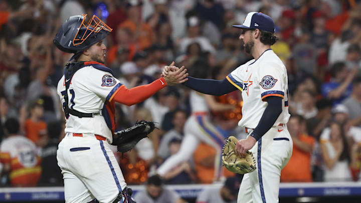 Aug 11, 2025; Houston, Texas, USA; Houston Astros relief pitcher Bennett Sousa (62) celebrates with catcher Yainer Diaz (21) after the game against the Boston Red Sox at Daikin Park. Aug 11, 2025; Houston, Texas, USA; Houston Astros relief pitcher Bennett Sousa (62) celebrates with catcher Yainer Diaz (21) after the game against the Boston Red Sox at Daikin Park.