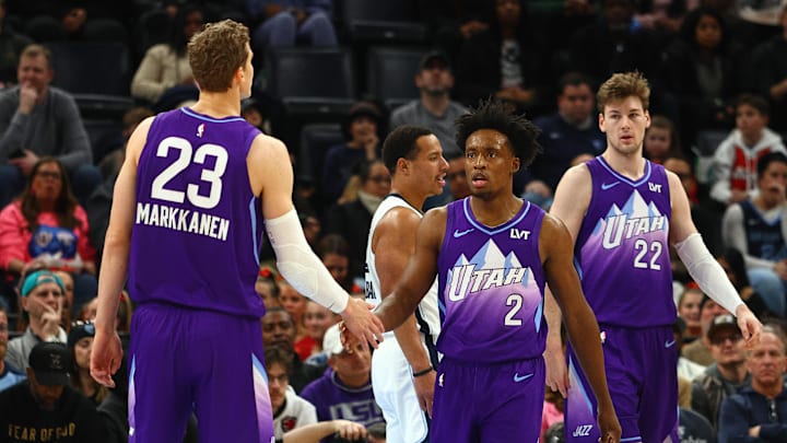 Jan 25, 2025; Memphis, Tennessee, USA; Utah Jazz guard Collin Sexton (2) reacts with forward Lauri Markkanen (23) during the second quarter against the Memphis Grizzlies at FedExForum. Mandatory Credit: Petre Thomas-Imagn Images