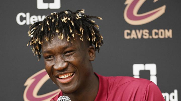 Jun 24, 2022; Independence, Ohio, USA; Cleveland Cavaliers second round draft pick Khalifa Diop talks to the media during a press conference  introducing the first two draft picks of the Cavaliers at Cleveland Clinic Courts. Mandatory Credit: Ken Blaze-USA TODAY Sports