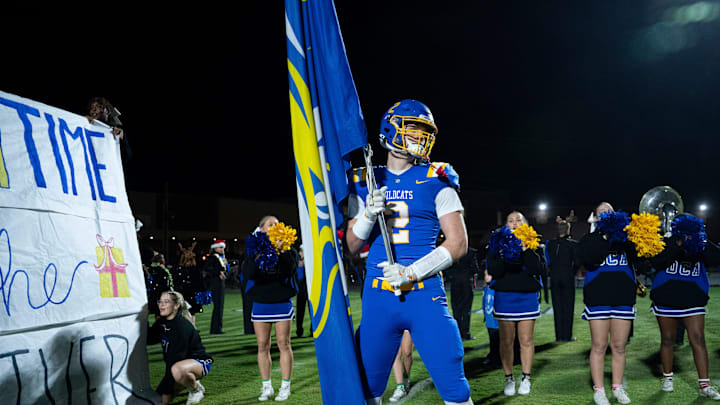 DCA's Carson Sneed (2) leads his team before their Division II-A playoff game against Tipton-Rosemark Academy at Donelson Christian Academy in Nashville, Tenn., Friday, Nov. 8, 2024.