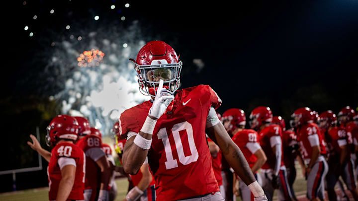Brentwood Academy's Kenneth Simon (10) celebrates after defeating Ensworth at Brentwood Academy in Brentwood, Tenn., Friday, Sept. 26, 2025.