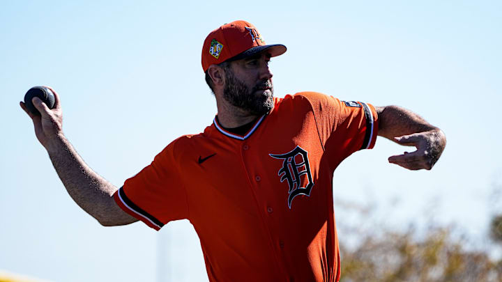 Detroit Tigers pitcher Justin Verlander practices during spring training at TigerTown in Lakeland, Fla. on Friday, Feb. 20, 2026. Detroit Tigers pitcher Justin Verlander practices during spring training at TigerTown in Lakeland, Fla. on Friday, Feb. 20, 2026.