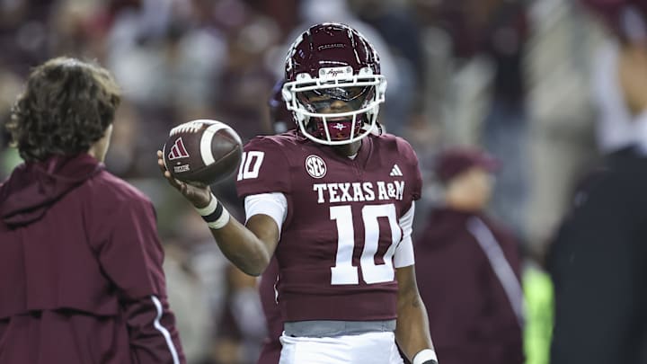 Texas A&M Aggies quarterback Marcel Reed warms up before the game against the Texas Longhorns at Kyle Field.