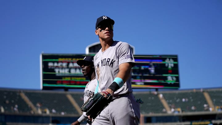 Sep 22, 2024; Oakland, California, USA; New York Yankees center fielder Aaron Judge (99) walks on the field against the Oakland Athletics in the seventh inning at the Oakland-Alameda County Coliseum.