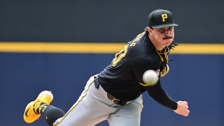 Jul 11, 2024; Milwaukee, Wisconsin, USA; Pittsburgh Pirates starting pitcher Paul Skenes (30) pitches in the first inning against the Milwaukee Brewers at American Family Field. Mandatory Credit: Benny Sieu-USA TODAY Sports