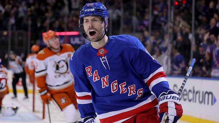 Oct 19, 2026; New York, New York, USA; New York Rangers right wing Oliver Bjorkstrand (28) celebrates his goal against the Anaheim Ducks during the second period at Madison Square Garden. Mandatory Credit: Brad Penner-Imagn Images