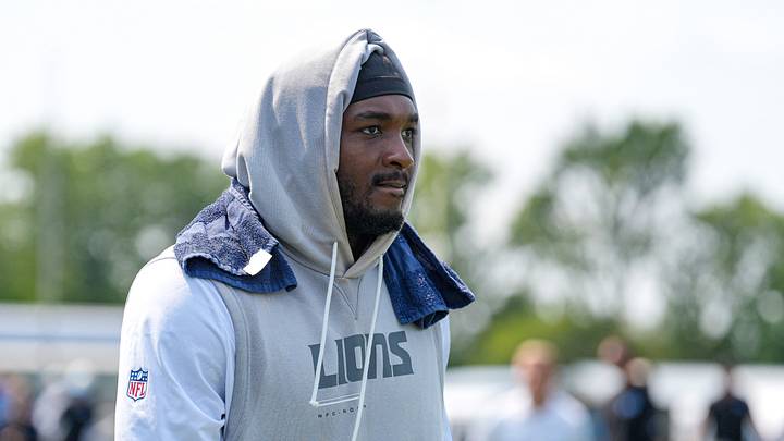 Detroit Lions defensive end Derrick Moore (9) walks off the field after practice during training camp at Meijer Performance Center in Allen Park on Monday, August 10, 2026.
