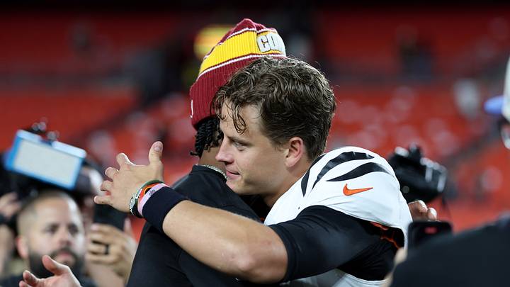 Aug 18, 2025; Landover, Maryland, USA; Cincinnati Bengals quarterback Joe Burrow (9) greets Washington Commanders quarterback Jayden Daniels (5) after their game at Northwest Stadium. Mandatory Credit: Amber Searls-Imagn Images Aug 18, 2025; Landover, Maryland, USA; Cincinnati Bengals quarterback Joe Burrow (9) greets Washington Commanders quarterback Jayden Daniels (5) after their game at Northwest Stadium. Mandatory Credit: Amber Searls-Imagn Images