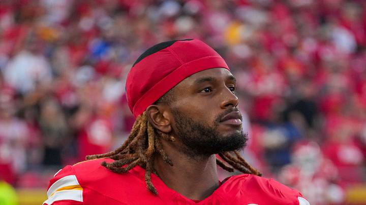 Aug 28, 2026; Kansas City, Missouri, USA; Kansas City Chiefs cornerback Kristian Fulton (8) leaves the field against the Seattle Seahawks prior to a game at Arrowhead Stadium. Mandatory Credit: Denny Medley-Imagn Images