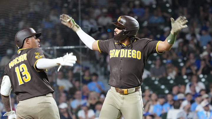 Jun 30, 2026; Chicago, Illinois, USA; San Diego Padres second baseman Fernando Tatis Jr. (23) celebrates his home run with third baseman Manny MacHado (13) against the Chicago Cubs during the eighth inning at Wrigley Field. Mandatory Credit: David Banks-Imagn Images Jun 30, 2026; Chicago, Illinois, USA; San Diego Padres second baseman Fernando Tatis Jr. (23) celebrates his home run with third baseman Manny MacHado (13) against the Chicago Cubs during the eighth inning at Wrigley Field. Mandatory Credit: David Banks-Imagn Images