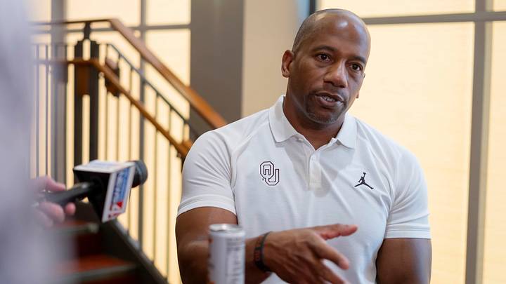 OU wide receivers coach Emmett Jones speaks during a media day for the University of Oklahoma Sooners (OU) football team in Norman, Okla., Tuesday, Aug. 1, 2023. OU wide receivers coach Emmett Jones speaks during a media day for the University of Oklahoma Sooners (OU) football team in Norman, Okla., Tuesday, Aug. 1, 2023.