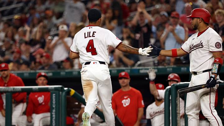 Aug 24, 2026; Washington, District of Columbia, USA; Washington Nationals outfielder Daylen Lile (4) celebrates with catcher Keibert Ruiz (20) after scoring a run after an error during the fifth inning against the Colorado Rockies at Nationals Park. Mandatory Credit: Geoff Burke-Imagn Images Aug 24, 2026; Washington, District of Columbia, USA; Washington Nationals outfielder Daylen Lile (4) celebrates with catcher Keibert Ruiz (20) after scoring a run after an error during the fifth inning against the Colorado Rockies at Nationals Park. Mandatory Credit: Geoff Burke-Imagn Images