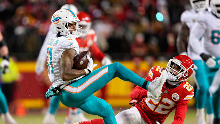 Jan 13, 2024; Kansas City, Missouri, USA; Miami Dolphins wide receiver Cedrick Wilson Jr. (11) is