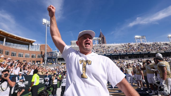 Oct 25, 2025; Atlanta, Georgia, USA; Georgia Tech Yellow Jackets head coach Brent Key celebrates after a victory over the Syracuse Orange at Bobby Dodd Stadium at Hyundai Field. Mandatory Credit: Brett Davis-Imagn Images