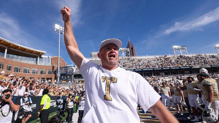 Oct 25, 2025; Atlanta, Georgia, USA; Georgia Tech Yellow Jackets head coach Brent Key celebrates after a victory over the Syracuse Orange at Bobby Dodd Stadium at Hyundai Field. Mandatory Credit: Brett Davis-Imagn Images
Oct 25, 2025; Atlanta, Georgia, USA; Georgia Tech Yellow Jackets head coach Brent Key celebrates after a victory over the Syracuse Orange at Bobby Dodd Stadium at Hyundai Field. Mandatory Credit: Brett Davis-Imagn Images