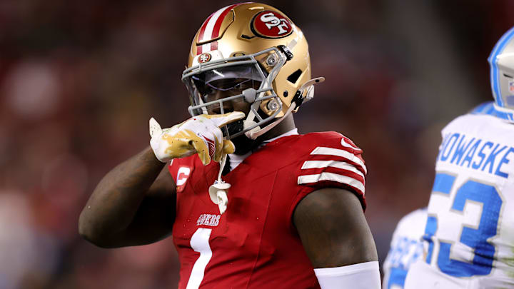 Dec 30, 2024; Santa Clara, California, USA; San Francisco 49ers wide receiver Deebo Samuel Sr. (1) celebrates after a play during the first quarter against the Detroit Lions at Levi's Stadium. Mandatory Credit: Sergio Estrada-Imagn Images
