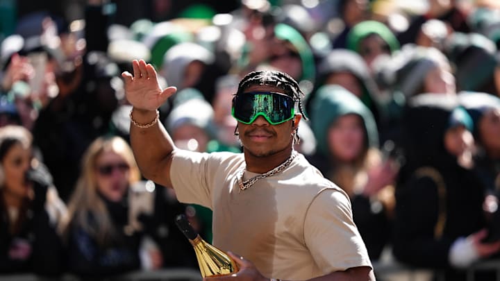 Feb 14, 2025; Philadelphia, PA, USA; Nolan Smith Jr waves to fans during the Super Bowl LIX championship parade and rally. Mandatory Credit: Kyle Ross-Imagn Images Feb 14, 2025; Philadelphia, PA, USA; Nolan Smith Jr waves to fans during the Super Bowl LIX championship parade and rally. Mandatory Credit: Kyle Ross-Imagn Images