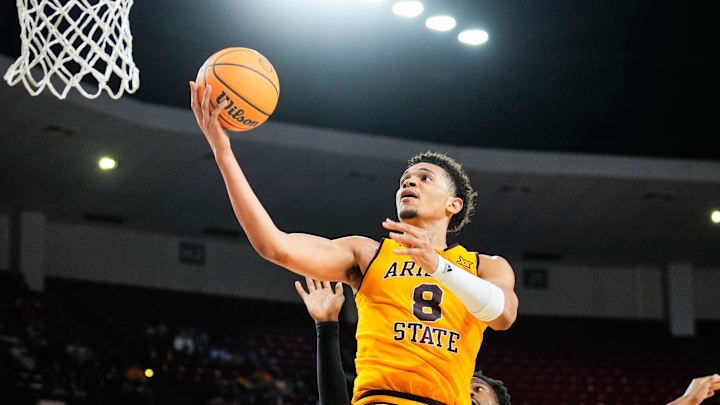 Mar 8, 2025; Tempe, Arizona, USA; Arizona State Sun Devils forward Basheer Jihad (8) goes for a lay up during the second half at Desert Financial Arena. Mandatory Credit: Arianna Grainey-Imagn Images