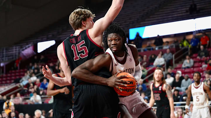 Boston College men's basketball forward Jayden Hastings with the ball against Stanford at Conte Forum on Feb. 11, 2026. 