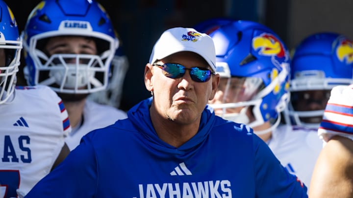 Nov 8, 2025; Tucson, Arizona, USA; Kansas Jayhawks head coach Lance Leipold against the Arizona Wildcats at Arizona Stadium. Mandatory Credit: Mark J. Rebilas-Imagn Images