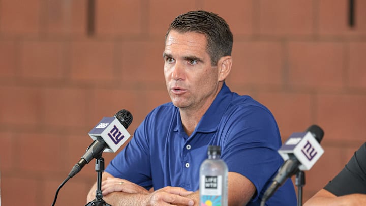 Jul 24, 2024; East Rutherford, NJ, USA; New York Giants general manager Joe Schoen talks to media before the start of training camp at Quest Diagnostics Training Facility.