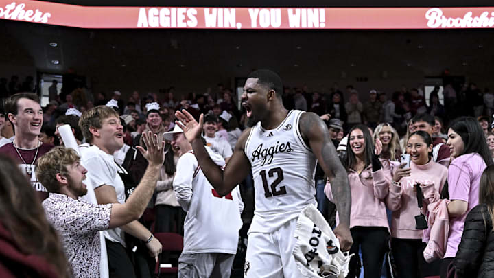 Jan 24, 2026; College Station, Texas, USA; Texas A&M Aggies forward Rashaun Agee (12) celebrates with fans after the win over South Carolina Gamecocks at Reed Arena. Mandatory Credit: Maria Lysaker-Imagn Images Jan 24, 2026; College Station, Texas, USA; Texas A&M Aggies forward Rashaun Agee (12) celebrates with fans after the win over South Carolina Gamecocks at Reed Arena. Mandatory Credit: Maria Lysaker-Imagn Images