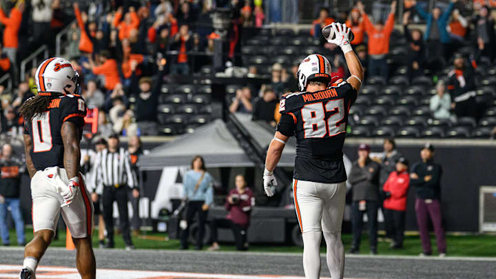 Oct 18, 2025; Corvallis, Oregon, USA; Oregon State Beavers tight end Gabe Milbourn (82) celebrates a touchdown during the third quarter against the Lafayette Leopards at Reser Stadium. Mandatory Credit: Craig Strobeck-Imagn Images