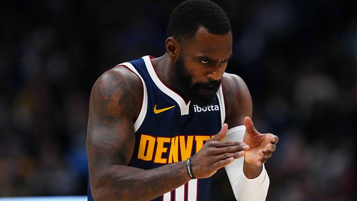 Jan 9, 2026; Denver, Colorado, USA; Denver Nuggets guard Tim Hardaway Jr. (10) reacts in the second half against the Atlanta Hawks at Ball Arena. Mandatory Credit: Ron Chenoy-Imagn Images