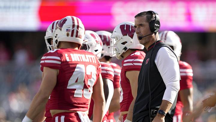 Oct 18, 2025; Madison, Wisconsin, USA; Wisconsin Badgers head coach Luke Fickell looks on in the first quarter against the Ohio State Buckeyes at Camp Randall Stadium. Mandatory Credit: Jeff Hanisch-Imagn Images