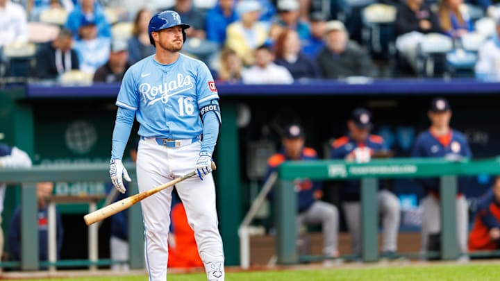 Kansas City, Missouri, USA; Kansas City Royals outfielder Hunter Renfroe (16) at bat during the seventh inning against the Houston Astros at Kauffman Stadium.