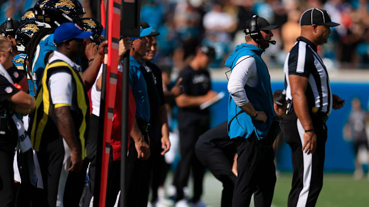 Jacksonville Jaguars head coach Liam Coen looks on during the fourth quarter of an NFL football matchup at EverBank Stadium, Sunday, Sept. 21, 2025, in Jacksonville, Fla. The Jaguars defeated the Texans 17-10. Jacksonville Jaguars head coach Liam Coen looks on during the fourth quarter of an NFL football matchup at EverBank Stadium, Sunday, Sept. 21, 2025, in Jacksonville, Fla. The Jaguars defeated the Texans 17-10.
