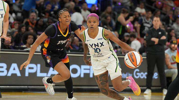 Sep 28, 2025; Phoenix, Arizona, USA; Minnesota Lynx guard Courtney Williams (10) drives past Phoenix Mercury guard Monique Akoa Makani (8) in the second half during game four of the second round for the 2025 WNBA Playoffs at PHX Arena. Mandatory Credit: Rick Scuteri-Imagn Images Sep 28, 2025; Phoenix, Arizona, USA; Minnesota Lynx guard Courtney Williams (10) drives past Phoenix Mercury guard Monique Akoa Makani (8) in the second half during game four of the second round for the 2025 WNBA Playoffs at PHX Arena. Mandatory Credit: Rick Scuteri-Imagn Images