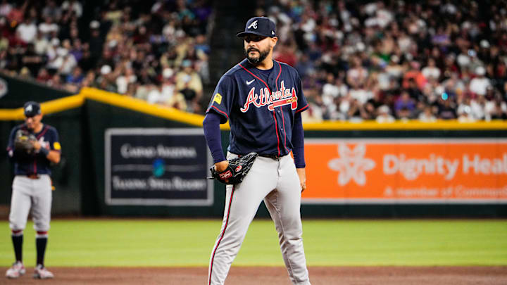 Apr 5, 2026; Phoenix, Arizona, USA;  Atlanta Braves pitcher Martin Perez (33) during the first inning at Chase Field. Mandatory Credit: Arianna Grainey-Imagn Images