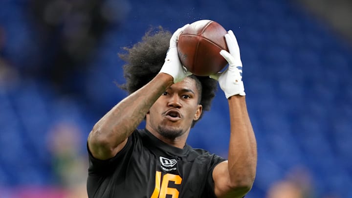 Texas A&M wideout KC Concepcion (WO16) during the NFL Scouting Combine at Lucas Oil Stadium.