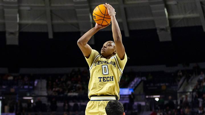 Feb 14, 2026; South Bend, Indiana, USA; Georgia Tech Yellow Jackets guard Akai Fleming (0) shoots against the Notre Dame Fighting Irish during the second half at Purcell Pavilion at the Joyce Center. Mandatory Credit: Michael Caterina-Imagn Images Feb 14, 2026; South Bend, Indiana, USA; Georgia Tech Yellow Jackets guard Akai Fleming (0) shoots against the Notre Dame Fighting Irish during the second half at Purcell Pavilion at the Joyce Center. Mandatory Credit: Michael Caterina-Imagn Images