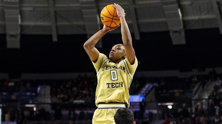 Feb 14, 2026; South Bend, Indiana, USA; Georgia Tech Yellow Jackets guard Akai Fleming (0) shoots against the Notre Dame Fighting Irish during the second half at Purcell Pavilion at the Joyce Center.
