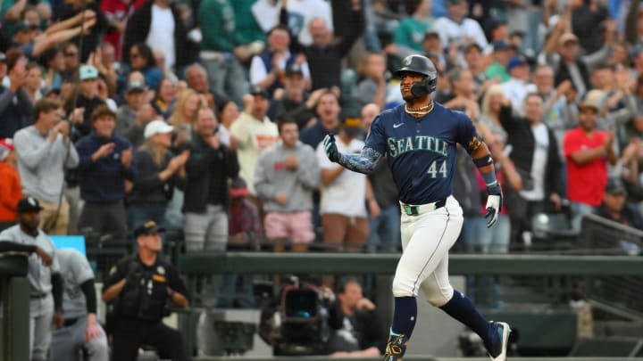 Seattle Mariners center fielder Julio Rodriguez (44) runs the bases after hitting a home run against the Chicago White Sox during the ninth inning at T-Mobile Park on June 13.