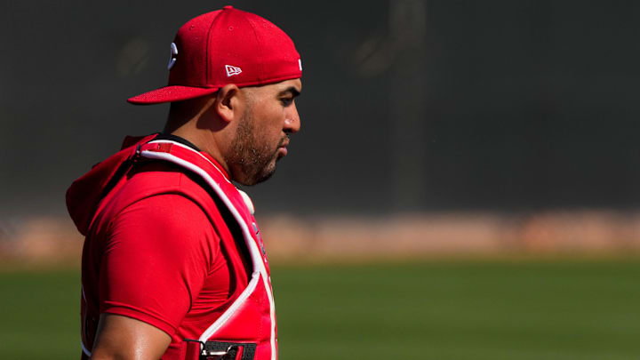 Cincinnati Reds catcher Jose Trevino (35) wraps up a session at the Cincinnati Reds Player Development Complex in Goodyear, Ariz., on Saturday, Feb. 15, 2025.