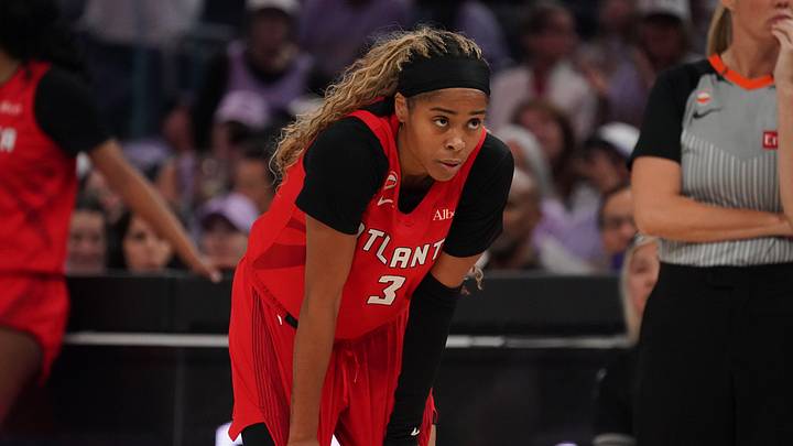 Oct 19, 2026; San Francisco, California, USA; Atlanta Dream guard Jordin Canada (3) catches a breathe against the Golden State Valkyries in the second quarter of game two of the 2026 WNBA Finals at Chase Center. Mandatory Credit: David Gonzales-Imagn Images