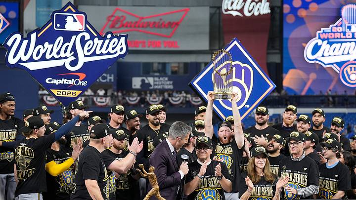 Milwaukee Brewers celebrate with the Commissioner's Trophy during the Awards Ceremony after defeating the Tampa Bay Rays to win the 2026 World Series at Tropicana Field in St. Petersburg, Fla. on Oct 28, 2026. Milwaukee Brewers celebrate with the Commissioner's Trophy during the Awards Ceremony after defeating the Tampa Bay Rays to win the 2026 World Series at Tropicana Field in St. Petersburg, Fla. on Oct 28, 2026.