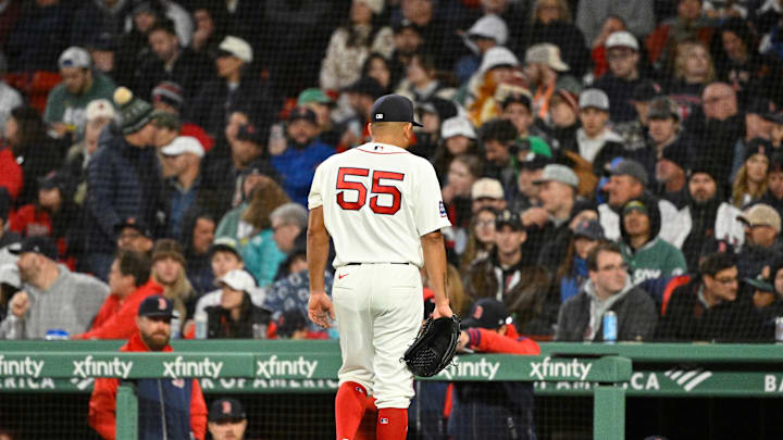 Apr 22, 2026; Boston, Massachusetts, USA; Boston Red Sox starting pitcher Ranger Suarez (55) is retired for the night during fifth inning against the New York Yankees at Fenway Park. Mandatory Credit: Eric Canha-Imagn Images