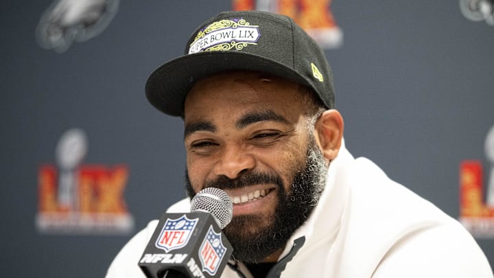 Philadelphia Eagles defensive end Brandon Graham speaks to media at Super Bowl LIX.