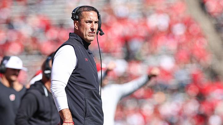 Oct 12, 2024; Piscataway, New Jersey, USA; Wisconsin Badgers head coach Luke Fickell looks on during the first half against the Rutgers Scarlet Knights at SHI Stadium. Mandatory Credit: Vincent Carchietta-Imagn Images