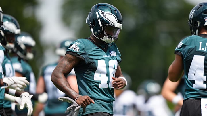 Jun 10, 2025; Philadelphia, PA, USA; Philadelphia Eagles wide receiver Terrace Marshall (46) warms up at NovaCare Complex. Mandatory Credit: Kyle Ross-Imagn Images