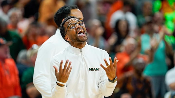 Mar 7, 2026; Coral Gables, Florida, USA; Miami Hurricanes head coach Jai Lucas reacts in a game against the Louisville Cardinals during the second half at Watsco Center. Mandatory Credit: Jeff Romance-Imagn Images