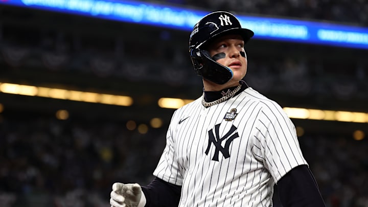 Oct 29, 2024; Bronx, New York, USA; New York Yankees outfielder Alex Verdugo (24) reacts after hitting a sacrifice RBI against the Los Angeles Dodgers in the second inning during game four of the 2024 MLB World Series at Yankee Stadium. Mandatory Credit: Vincent Carchietta-Imagn Images