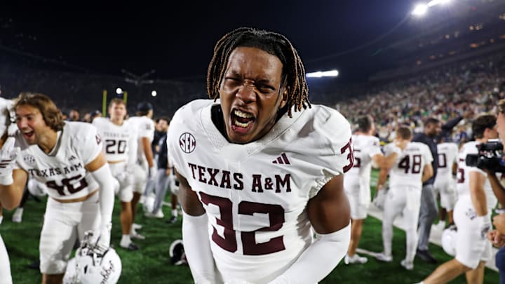 Sep 13, 2025; South Bend, Indiana, USA; Texas A&M Aggies celebrate after their win against Notre Dame Fighting Irish at Notre Dame Stadium. Mandatory Credit: Trevor Ruszkowski-Imagn Images