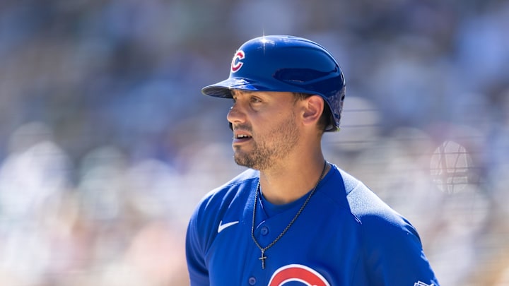 Mar 13, 2026; Phoenix, Arizona, USA; Chicago Cubs outfielder Michael Conforto against the Chicago White Sox during a spring training game at Camelback Ranch-Glendale. Mandatory Credit: Mark J. Rebilas-Imagn Images