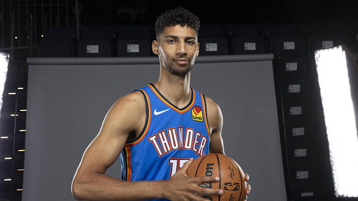 Sep 29, 2025; Oklahoma City, OK, USA; Oklahoma City Thunder forward Malevy Leons (17) poses for a photo during the 2025 Oklahoma City Thunder media day at Paycom Center. Mandatory Credit: Alonzo Adams-Imagn Images Sep 29, 2025; Oklahoma City, OK, USA; Oklahoma City Thunder forward Malevy Leons (17) poses for a photo during the 2025 Oklahoma City Thunder media day at Paycom Center. Mandatory Credit: Alonzo Adams-Imagn Images