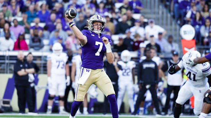 Sep 21, 2024; Seattle, Washington, USA; Washington Huskies quarterback Will Rogers (7) passes against the Northwestern Wildcats during the first quarter at Alaska Airlines Field at Husky Stadium. Mandatory Credit: Joe Nicholson-Imagn Images Sep 21, 2024; Seattle, Washington, USA; Washington Huskies quarterback Will Rogers (7) passes against the Northwestern Wildcats during the first quarter at Alaska Airlines Field at Husky Stadium. Mandatory Credit: Joe Nicholson-Imagn Images